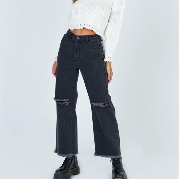 Princess Polly Jeans Denim Ripped Distressed Straight Button Fly Black Size 8 - Picture 2 of 14
